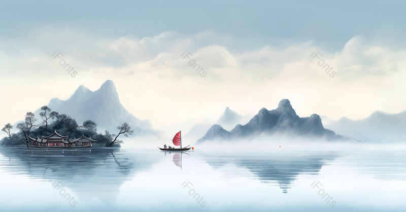 中国风质感山水画油画风景艺术背景插画青山绿水红帆船,插画/手绘图,插画/手绘图库,插画/手绘图下载,插画/手绘